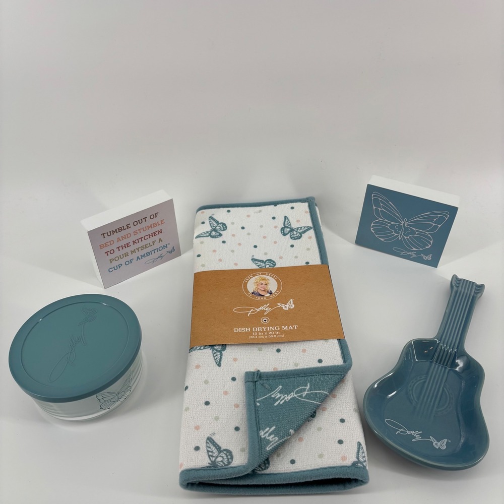 Dolly Parton Kitchen Decor Set New Blue Butterfly Guitar Spoon Rest 5pc Set